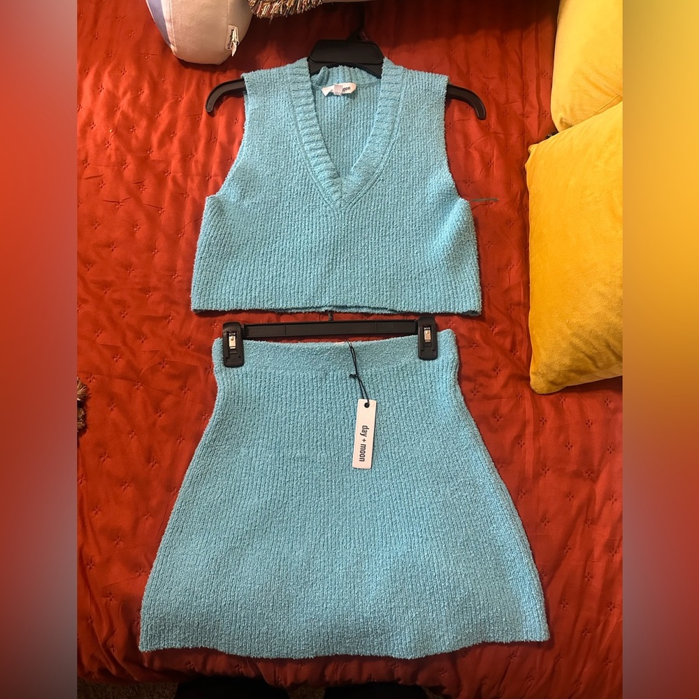 Blue Knit Crop Top and Skirt Set